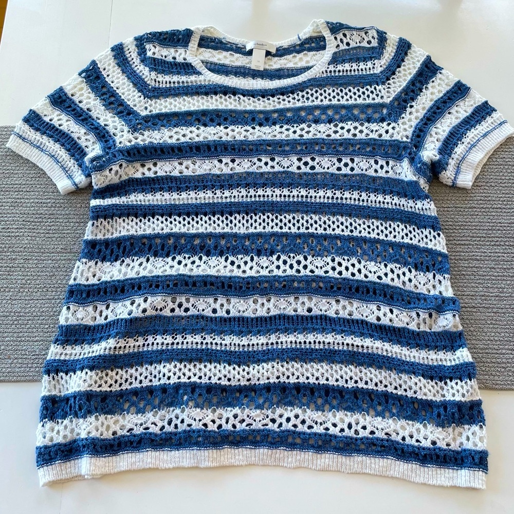 C.J. Banks Blue and White Crochet Short Sleeve Sweater Top Size 1X
